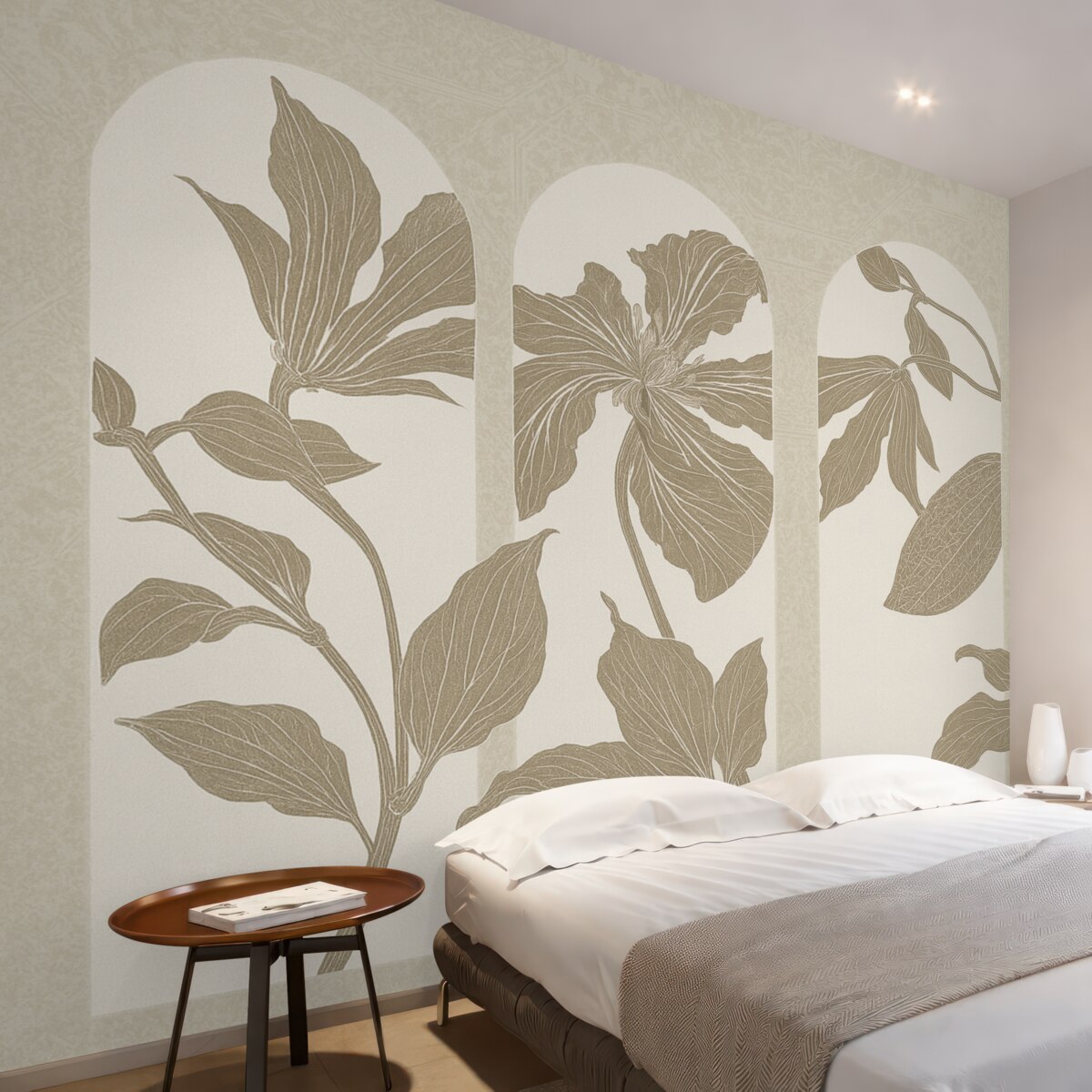 Fototapeta Stylowe łuki z florystycznymi motywami w odcieniach beżu i bieli, na fakturowanym beżowym tle, minimalistyczna estetyka.