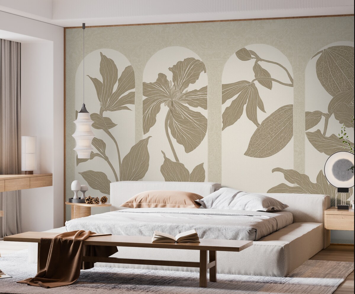 Fototapeta Stylowe łuki z florystycznymi motywami w odcieniach beżu i bieli, na fakturowanym beżowym tle, minimalistyczna estetyka.