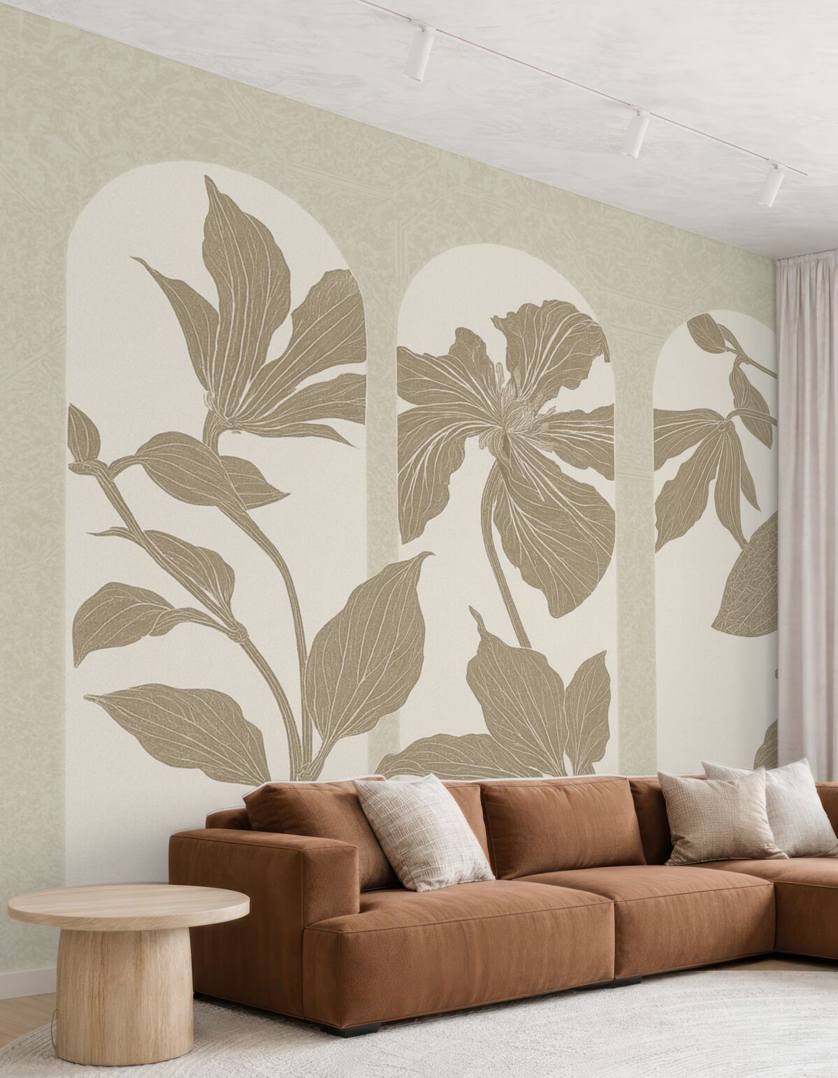 Fototapeta Stylowe łuki z florystycznymi motywami w odcieniach beżu i bieli, na fakturowanym beżowym tle, minimalistyczna estetyka.