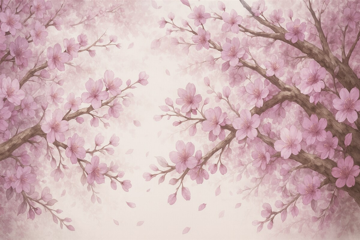 Fototapeta Gałązki kwiatów z różowymi płatkami, subtelne odcienie, wrażliwe detale, technika akwareli, na jasnym tle.