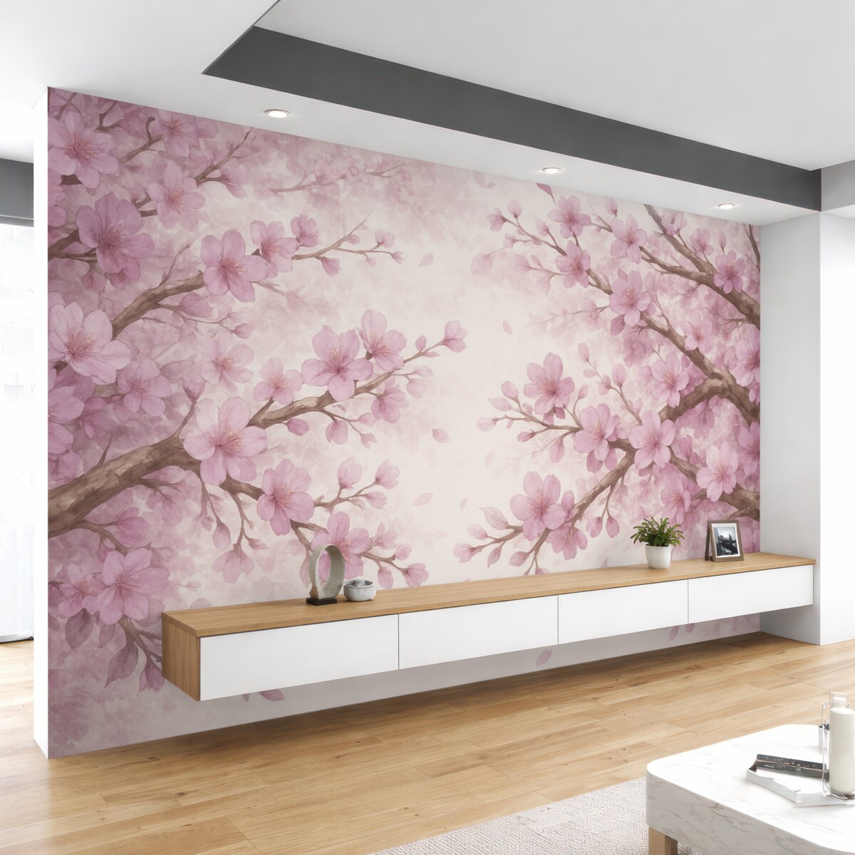 Fototapeta Gałązki kwiatów z różowymi płatkami, subtelne odcienie, wrażliwe detale, technika akwareli, na jasnym tle.