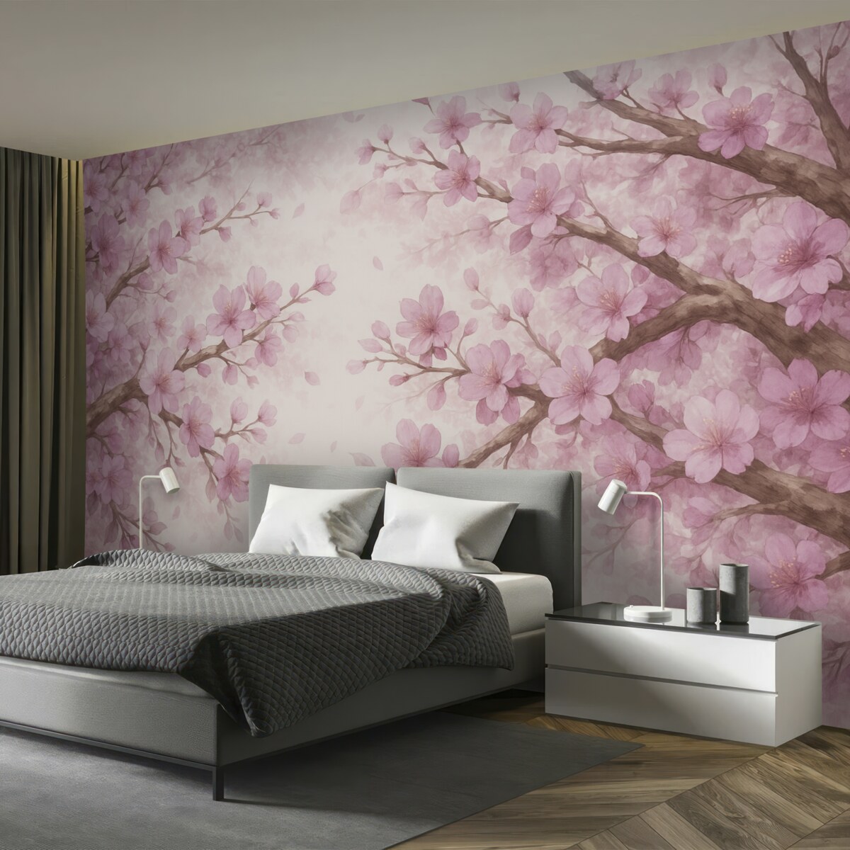 Fototapeta Gałązki kwiatów z różowymi płatkami, subtelne odcienie, wrażliwe detale, technika akwareli, na jasnym tle.