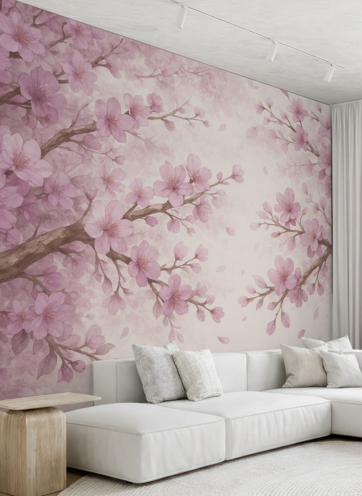 Fototapeta Gałązki kwiatów z różowymi płatkami, subtelne odcienie, wrażliwe detale, technika akwareli, na jasnym tle.