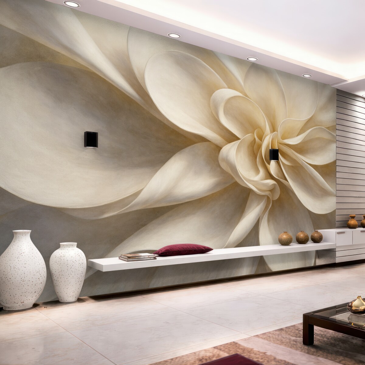 Fototapeta Biały pastelowy teksturowany kwiat minimalistyczny z delikatnymi płatkami, lekki i eteryczny, na białym tle.