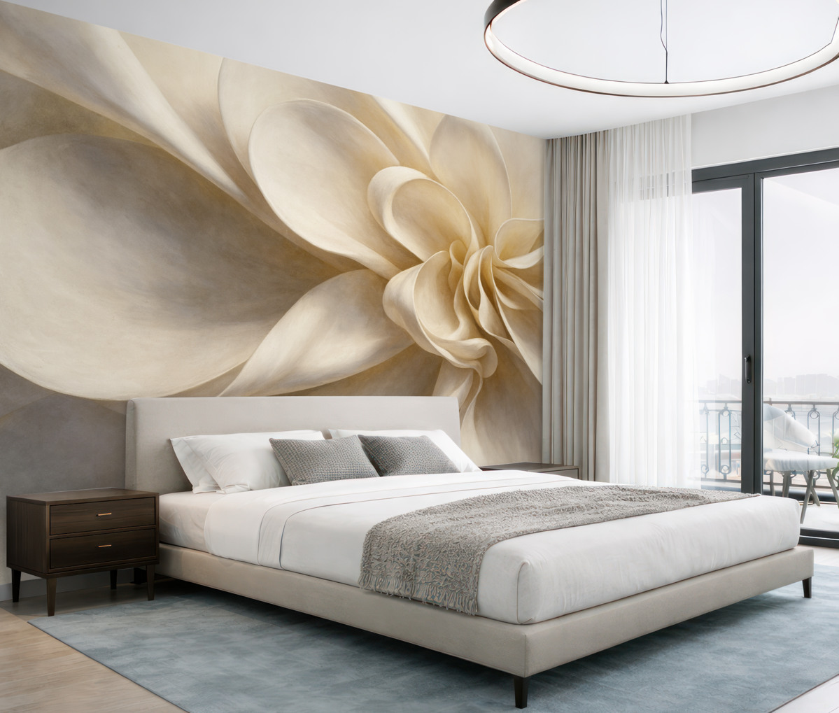 Fototapeta Biały pastelowy teksturowany kwiat minimalistyczny z delikatnymi płatkami, lekki i eteryczny, na białym tle.