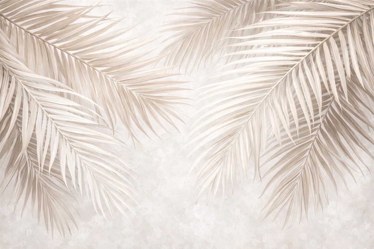 Fototapeta Liście palmowe w jasnych tonach beżu i bieli, tropikalne liście, subtelne pastelowe barwy, minimalistyczna estetyka.