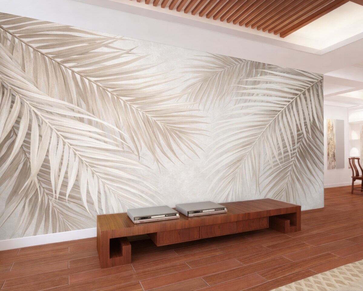 Fototapeta Liście palmowe w jasnych tonach beżu i bieli, tropikalne liście, subtelne pastelowe barwy, minimalistyczna estetyka.