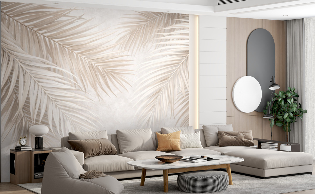 Fototapeta Liście palmowe w jasnych tonach beżu i bieli, tropikalne liście, subtelne pastelowe barwy, minimalistyczna estetyka.