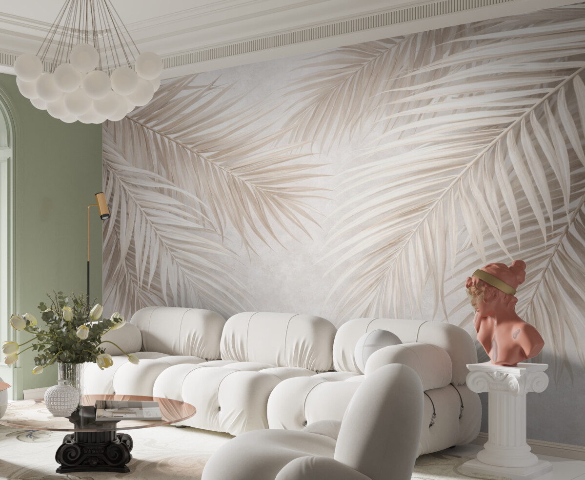 Fototapeta Liście palmowe w jasnych tonach beżu i bieli, tropikalne liście, subtelne pastelowe barwy, minimalistyczna estetyka.