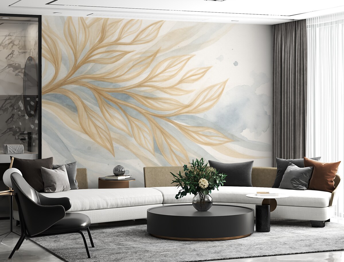 Fototapeta Abstrakcyjne żółte liście na niebieskim tle akwarelowym, miękkie oraz subtelne, organiczne formy, płynne kontury.