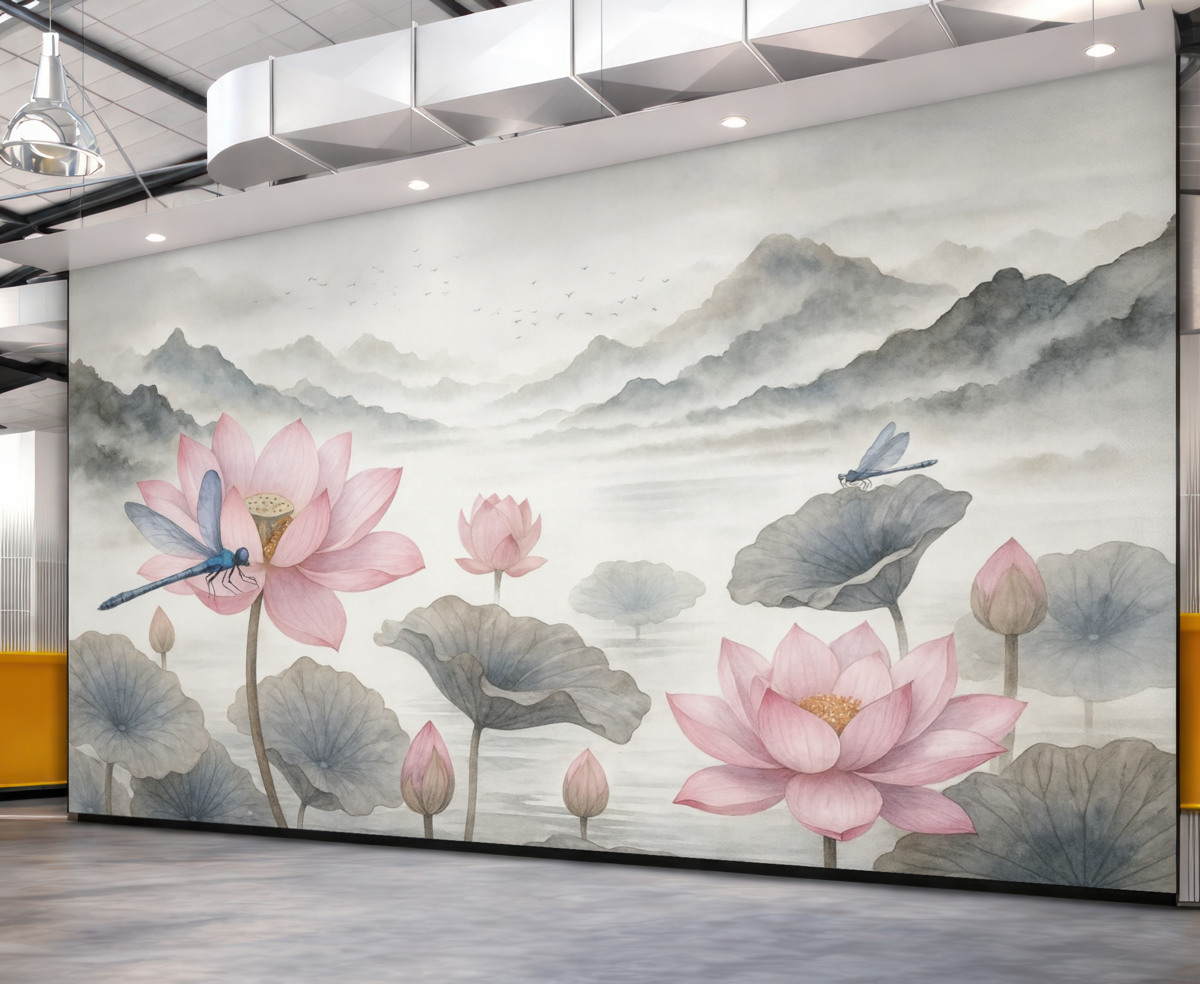 Fototapeta Krajobraz górski z ptakami w technice akwarelowej, z wodnymi liliami i ważkami na pierwszym planie.