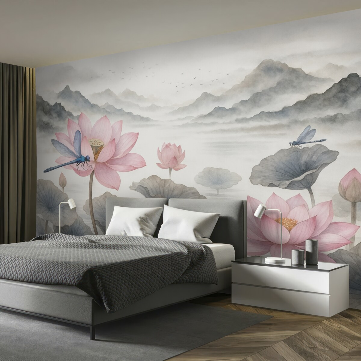 Fototapeta Krajobraz górski z ptakami w technice akwarelowej, z wodnymi liliami i ważkami na pierwszym planie.