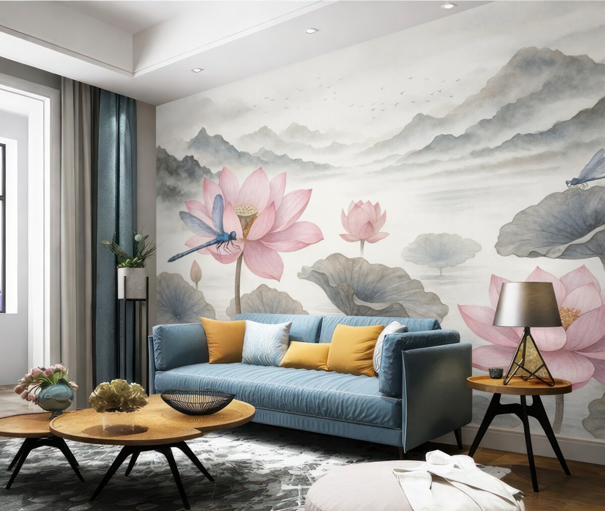 Fototapeta Krajobraz górski z ptakami w technice akwarelowej, z wodnymi liliami i ważkami na pierwszym planie.