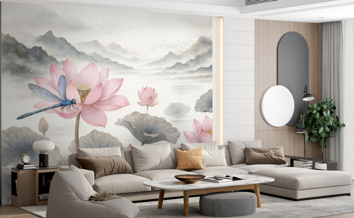 Fototapeta Krajobraz górski z ptakami w technice akwarelowej, z wodnymi liliami i ważkami na pierwszym planie.