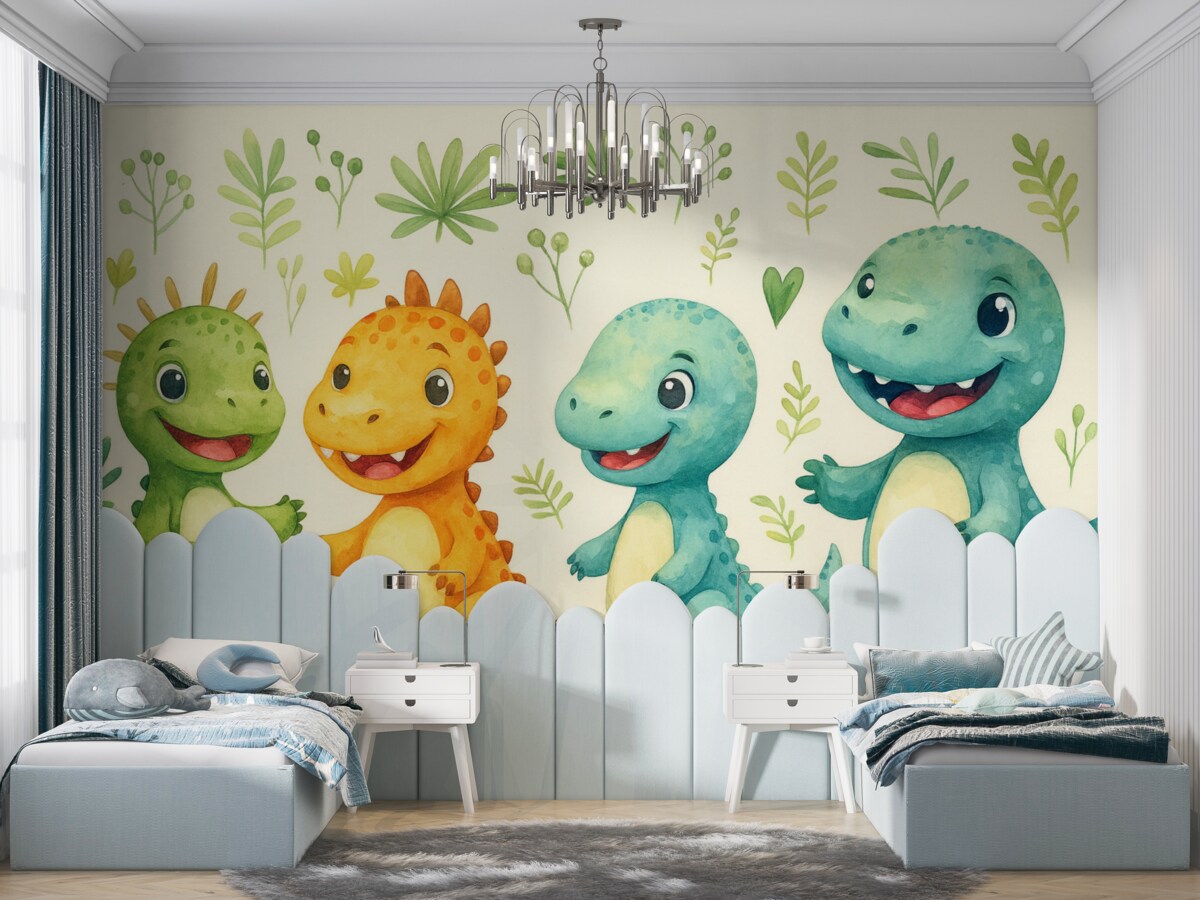 Fototapeta Czarujące dinozaury i rośliny w technice akwarelowej.