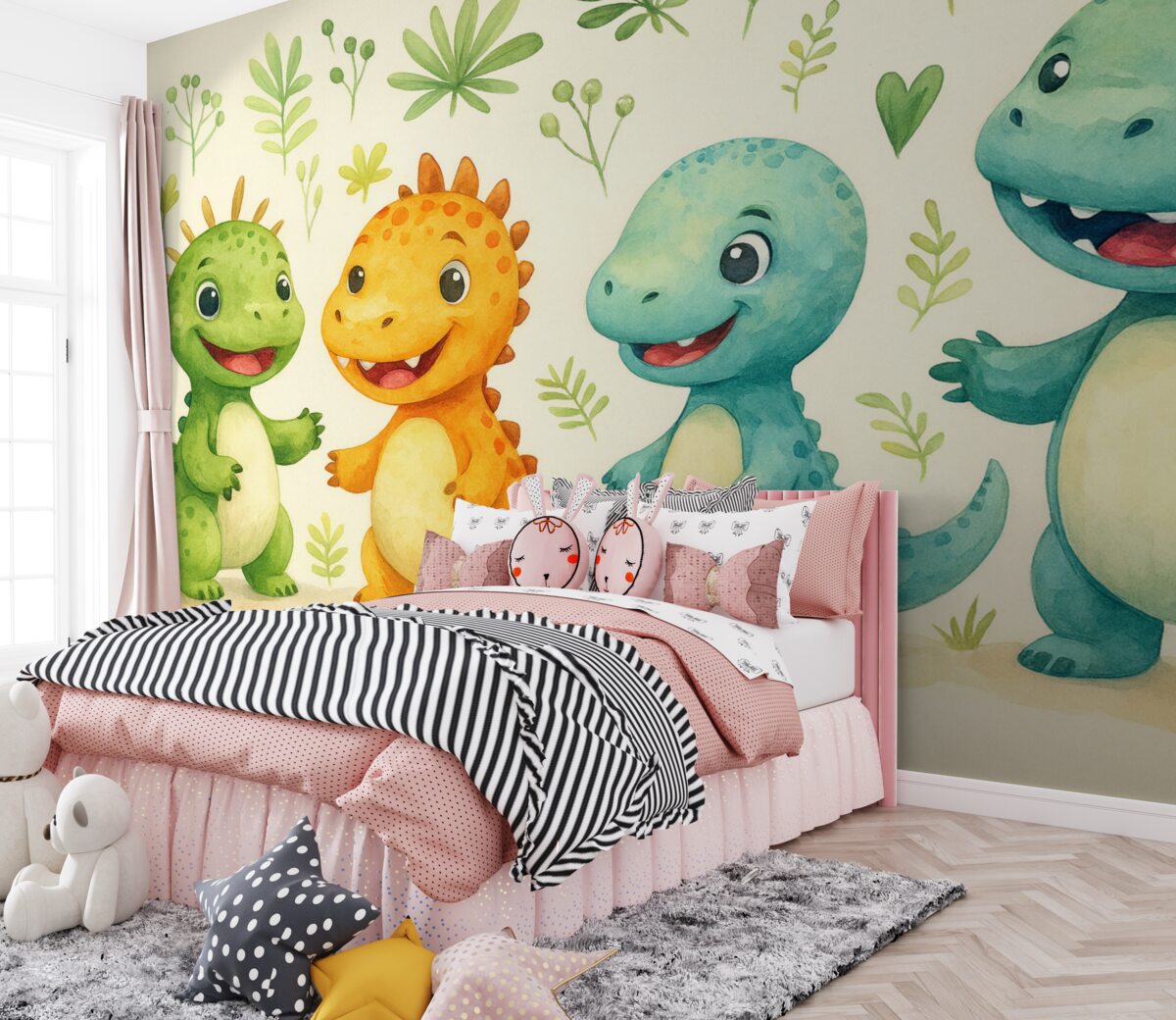 Fototapeta Czarujące dinozaury i rośliny w technice akwarelowej.