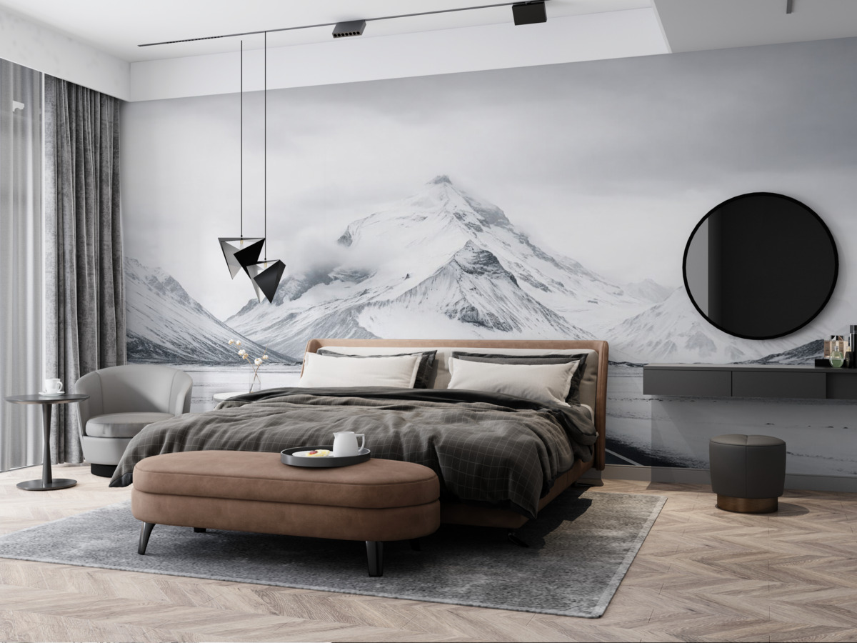 Fototapeta Czarno-biały pejzaż z trasą wiodącą w góry z delikatną mgłą.