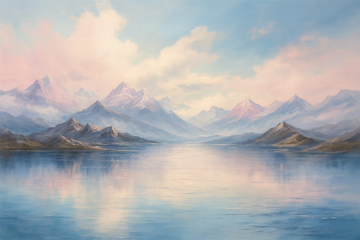 Fototapeta Malowniczy pejzaż w stylu malarskim w tonacjach różu i błękitu, z górami, stawem i chmurami.