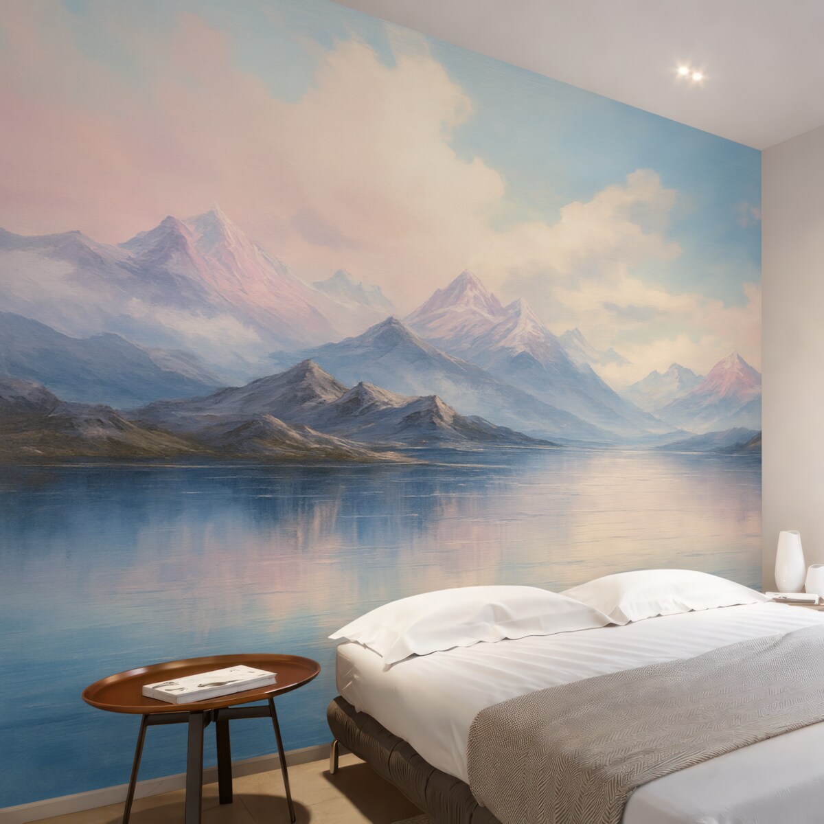 Fototapeta Malowniczy pejzaż w stylu malarskim w tonacjach różu i błękitu, z górami, stawem i chmurami.