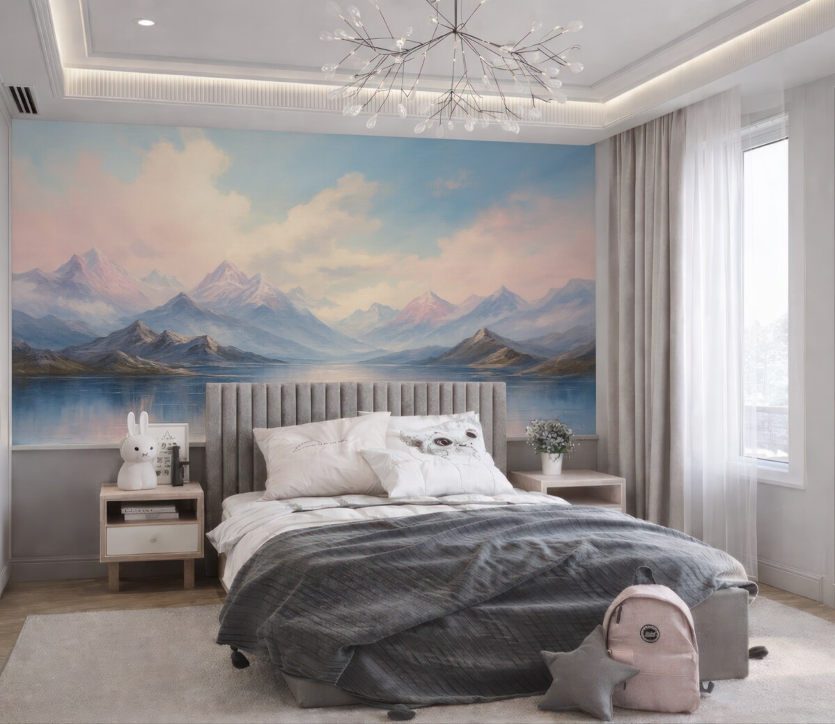 Fototapeta Malowniczy pejzaż w stylu malarskim w tonacjach różu i błękitu, z górami, stawem i chmurami.