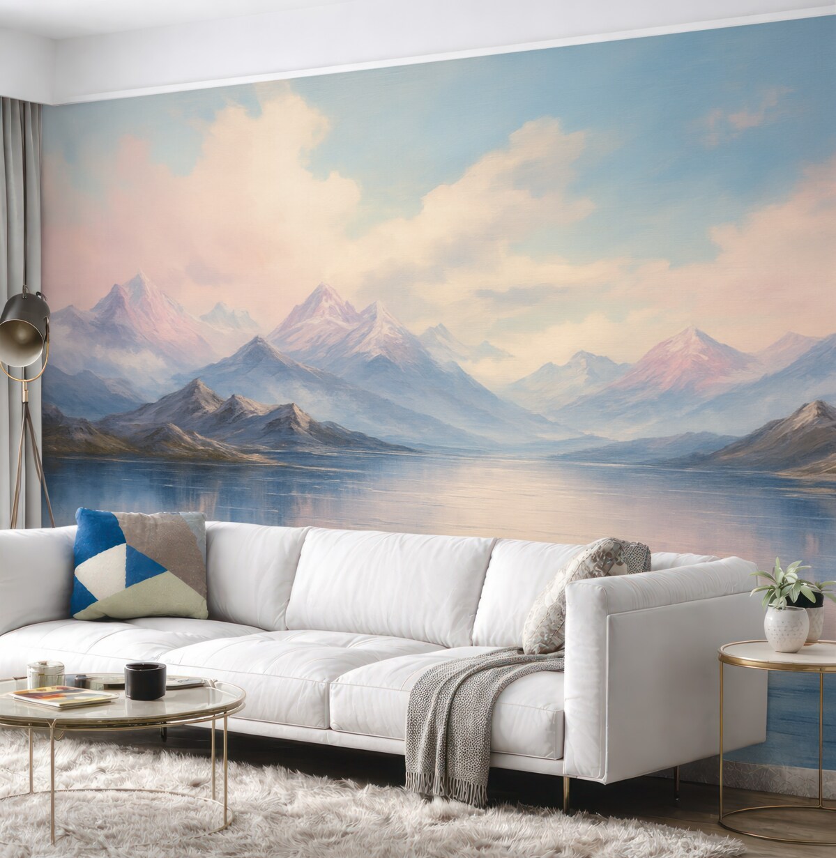 Fototapeta Malowniczy pejzaż w stylu malarskim w tonacjach różu i błękitu, z górami, stawem i chmurami.