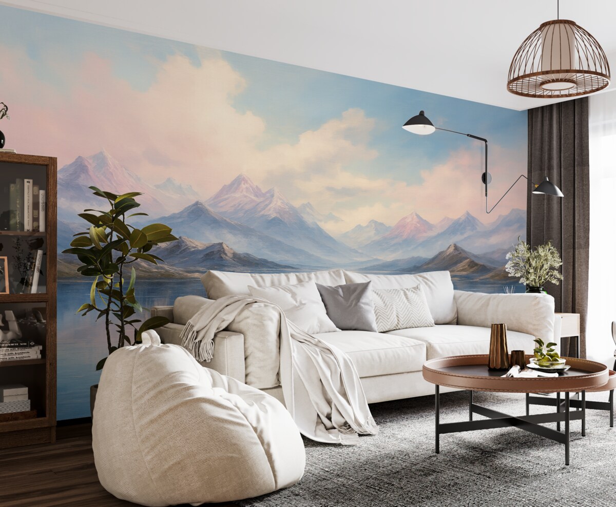 Fototapeta Malowniczy pejzaż w stylu malarskim w tonacjach różu i błękitu, z górami, stawem i chmurami.