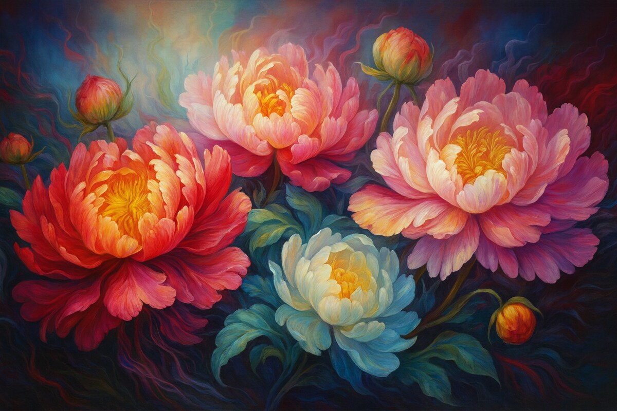 Fototapeta Cudowne różowe piwonie w stylu malarskiego dotyku.