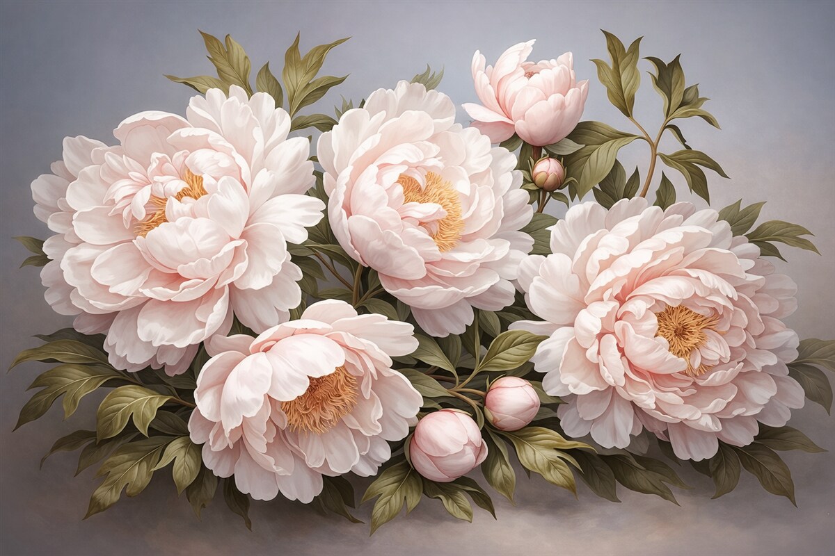 Fototapeta Subtelne różowe piwonie z liśćmi na błękitnym tle.