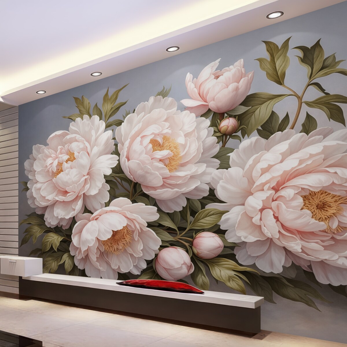 Fototapeta Subtelne różowe piwonie z liśćmi na błękitnym tle.