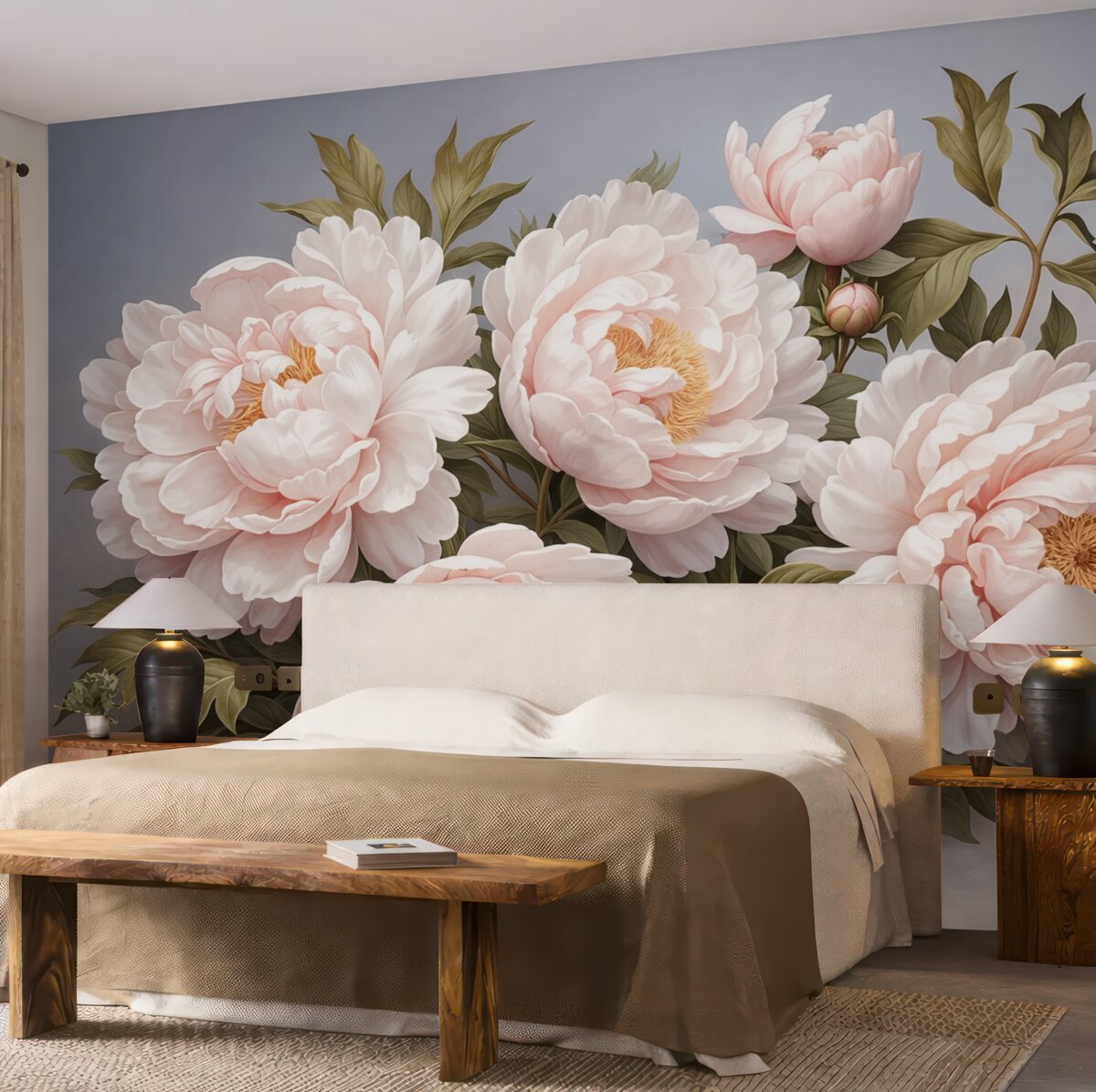 Fototapeta Subtelne różowe piwonie z liśćmi na błękitnym tle.