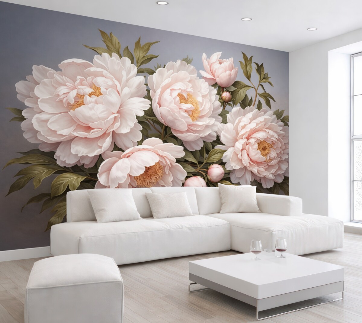 Fototapeta Subtelne różowe piwonie z liśćmi na błękitnym tle.