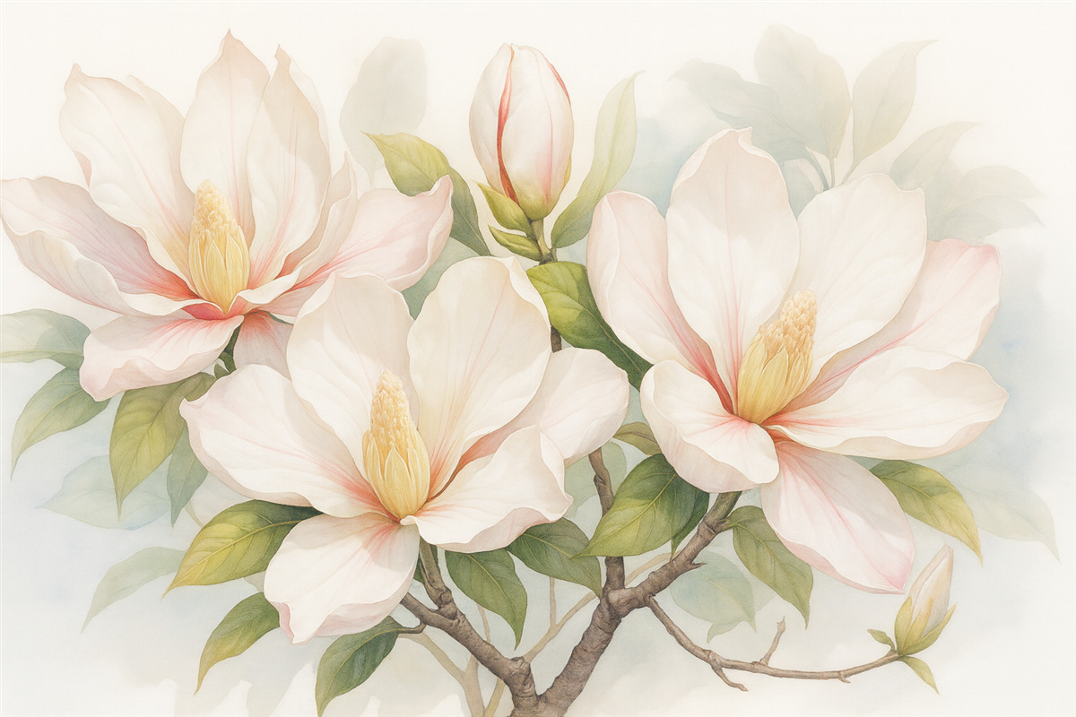 Fototapeta Kwiaty magnolii z białymi i różowymi płatkami, liśćmi oraz brązowymi gałązkami, subtelny i delikatny styl akwareli.