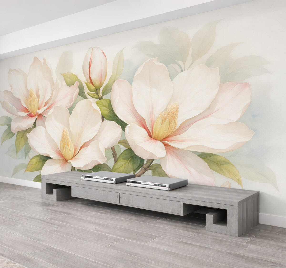 Fototapeta Kwiaty magnolii z białymi i różowymi płatkami, liśćmi oraz brązowymi gałązkami, subtelny i delikatny styl akwareli.