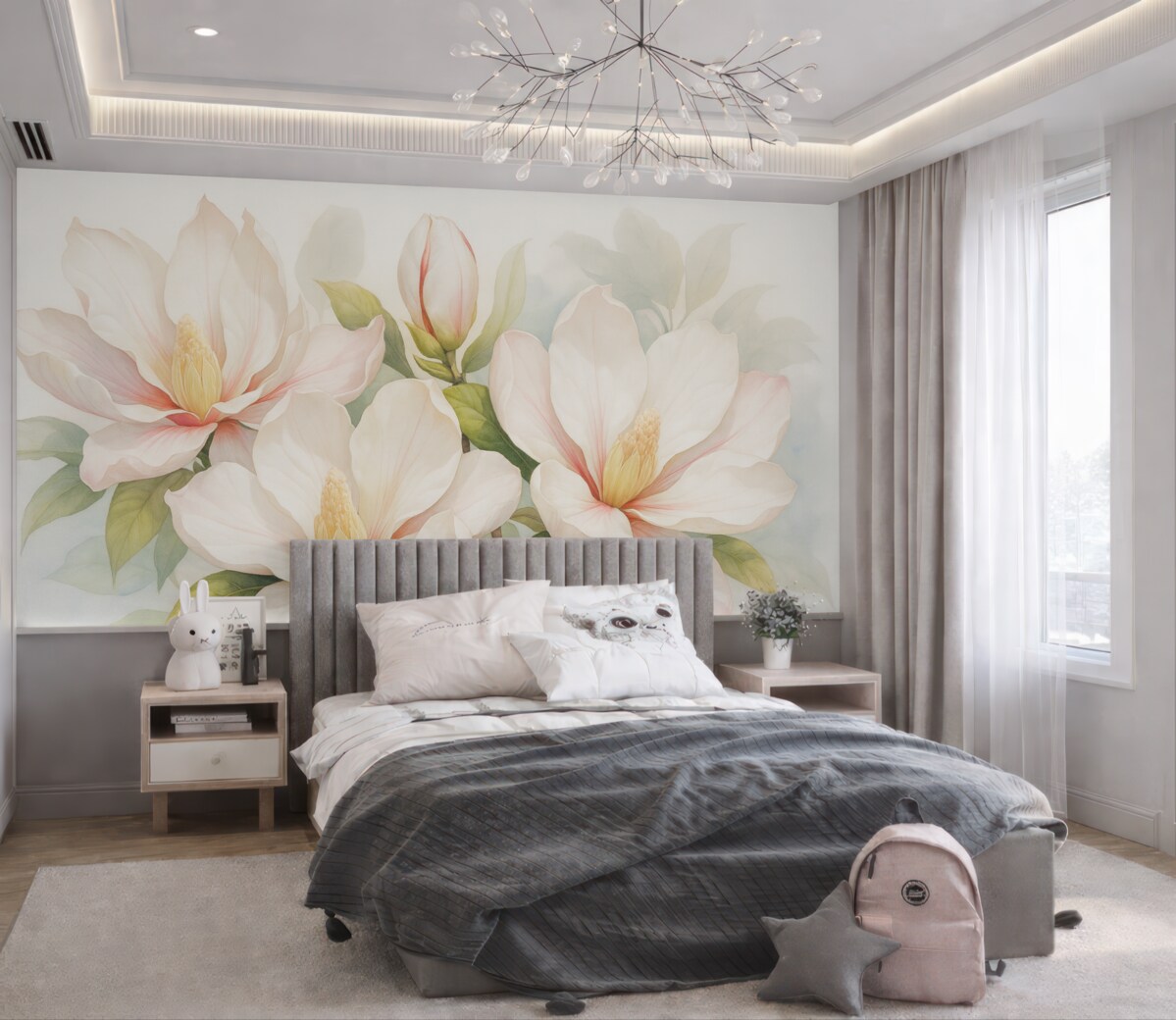 Fototapeta Kwiaty magnolii z białymi i różowymi płatkami, liśćmi oraz brązowymi gałązkami, subtelny i delikatny styl akwareli.