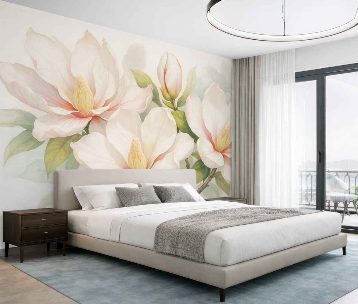 Fototapeta Kwiaty magnolii z białymi i różowymi płatkami, liśćmi oraz brązowymi gałązkami, subtelny i delikatny styl akwareli.