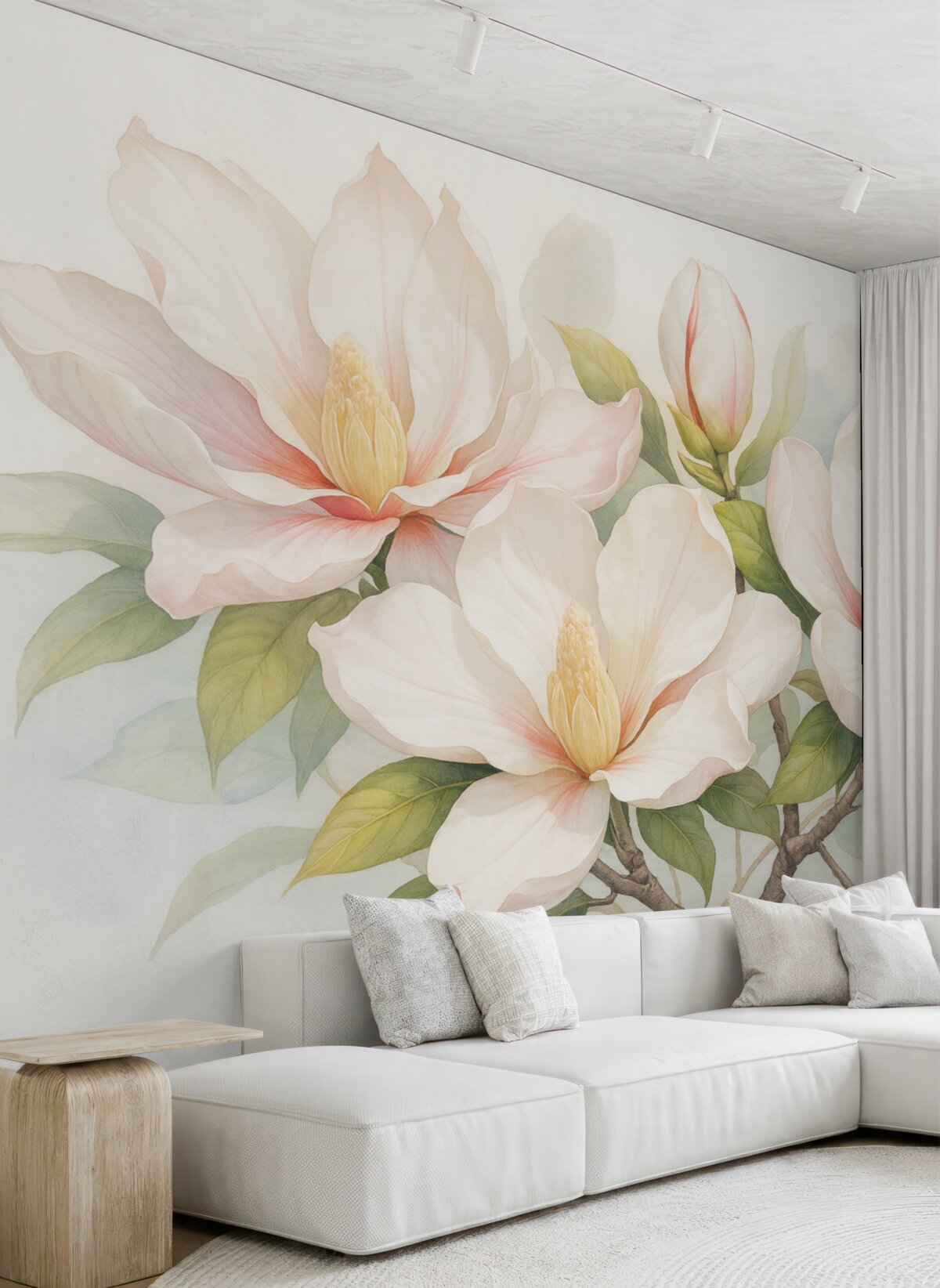 Fototapeta Kwiaty magnolii z białymi i różowymi płatkami, liśćmi oraz brązowymi gałązkami, subtelny i delikatny styl akwareli.