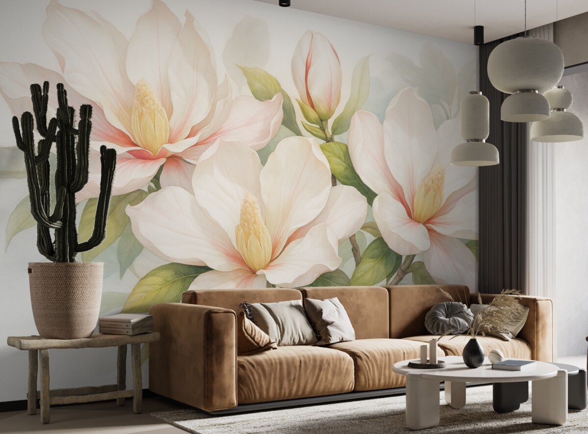 Fototapeta Kwiaty magnolii z białymi i różowymi płatkami, liśćmi oraz brązowymi gałązkami, subtelny i delikatny styl akwareli.