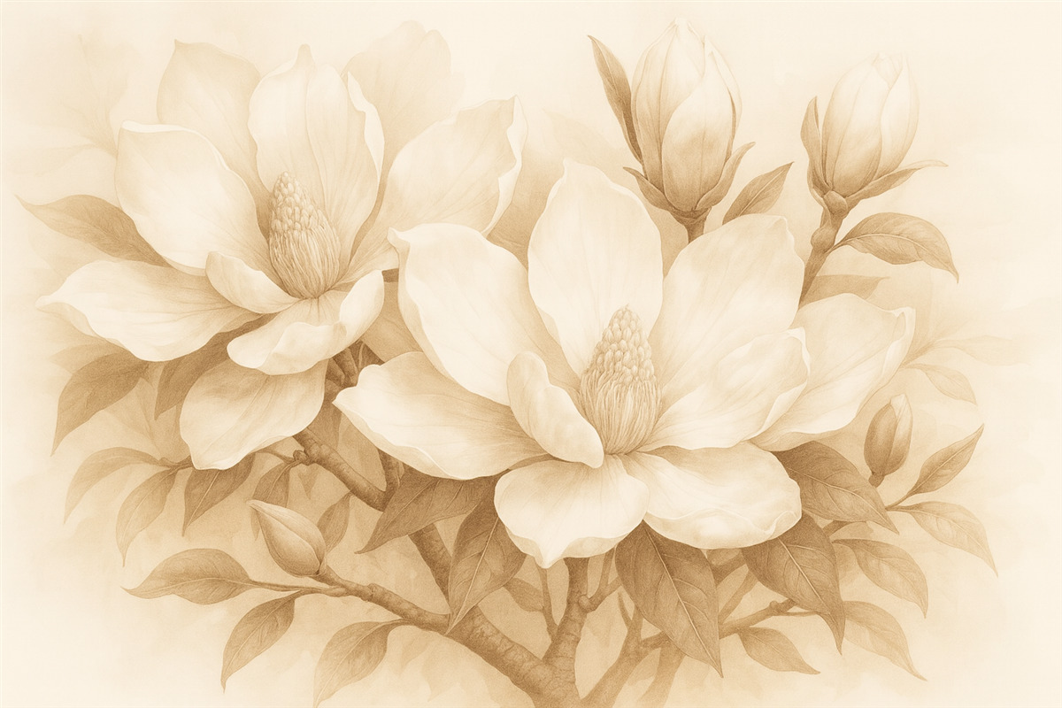 Fototapeta Kwiaty magnolii z białymi oraz beżowymi płatkami, liśćmi i brązowymi gałązkami, miękki i subtelny styl akwareli.