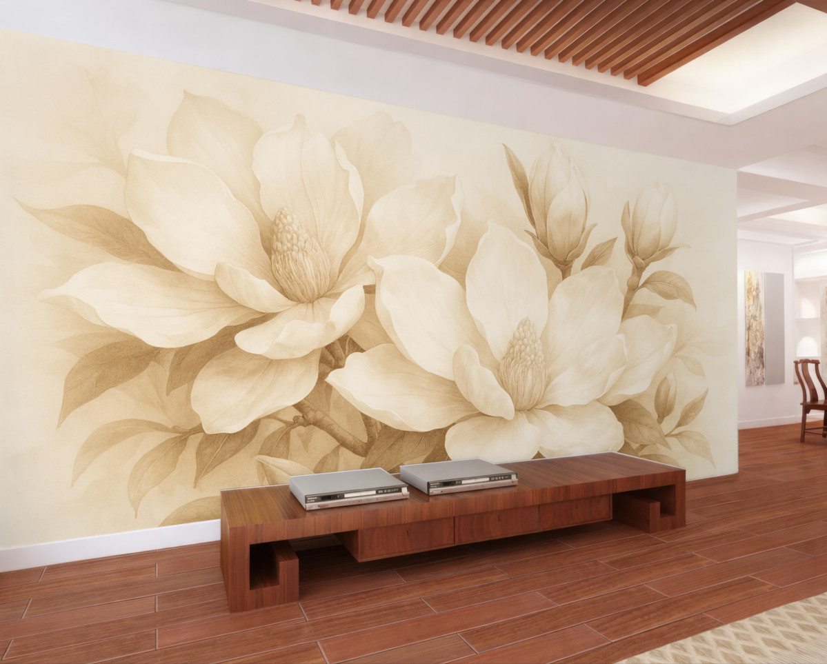 Fototapeta Kwiaty magnolii z białymi oraz beżowymi płatkami, liśćmi i brązowymi gałązkami, miękki i subtelny styl akwareli.