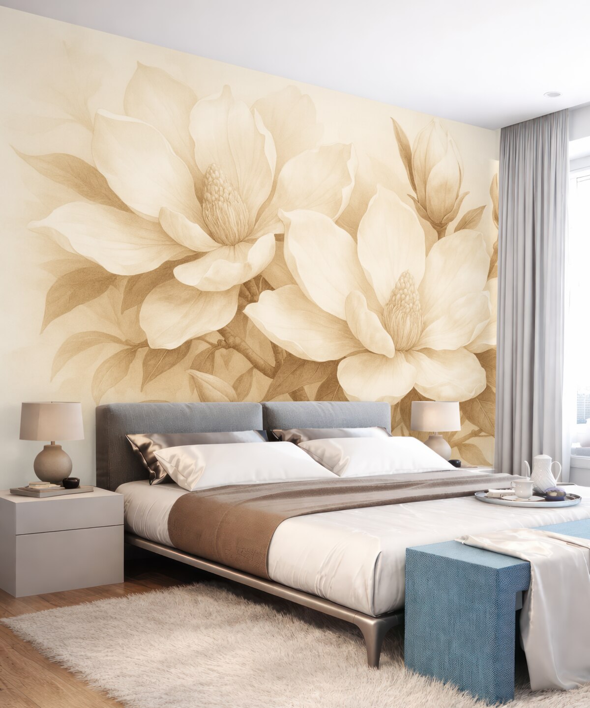 Fototapeta Kwiaty magnolii z białymi oraz beżowymi płatkami, liśćmi i brązowymi gałązkami, miękki i subtelny styl akwareli.