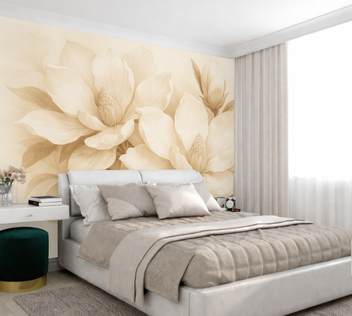 Fototapeta Kwiaty magnolii z białymi oraz beżowymi płatkami, liśćmi i brązowymi gałązkami, miękki i subtelny styl akwareli.