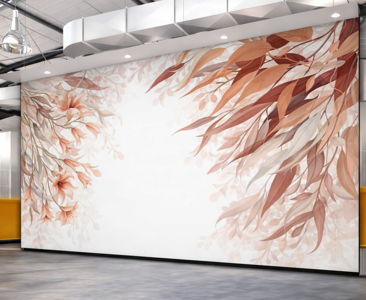 Fototapeta Liście eukaliptusa w kolorach bordo, beżu oraz bieli z subtelnymi kwiatami i gałązkami na jasnym tle.