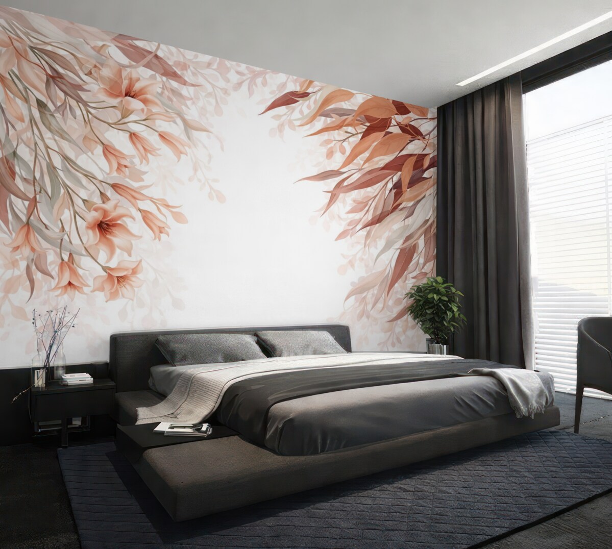 Fototapeta Liście eukaliptusa w kolorach bordo, beżu oraz bieli z subtelnymi kwiatami i gałązkami na jasnym tle.