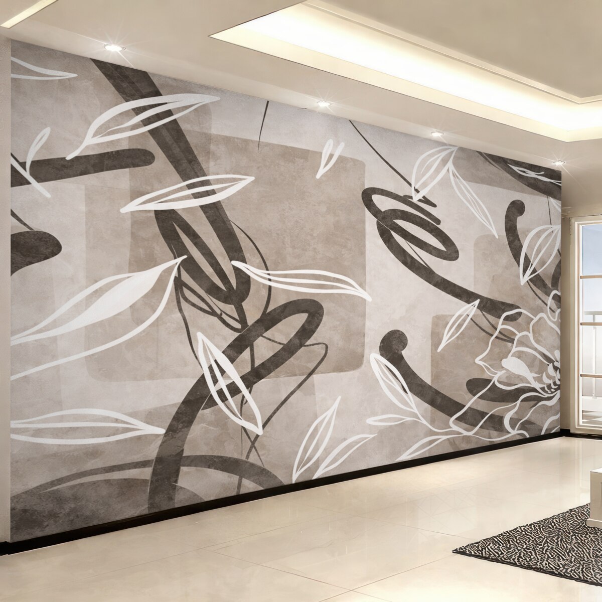 Fototapeta Abstrakcyjny, teksturowany, współczesny i minimalistyczny styl z akcentami kwiatowymi w neutralnej beżowej kolorystyce.