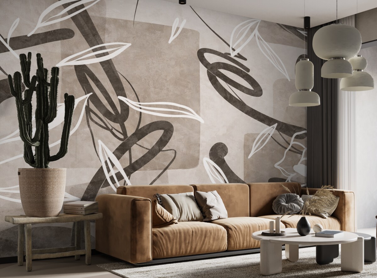Fototapeta Abstrakcyjny, teksturowany, współczesny i minimalistyczny styl z akcentami kwiatowymi w neutralnej beżowej kolorystyce.