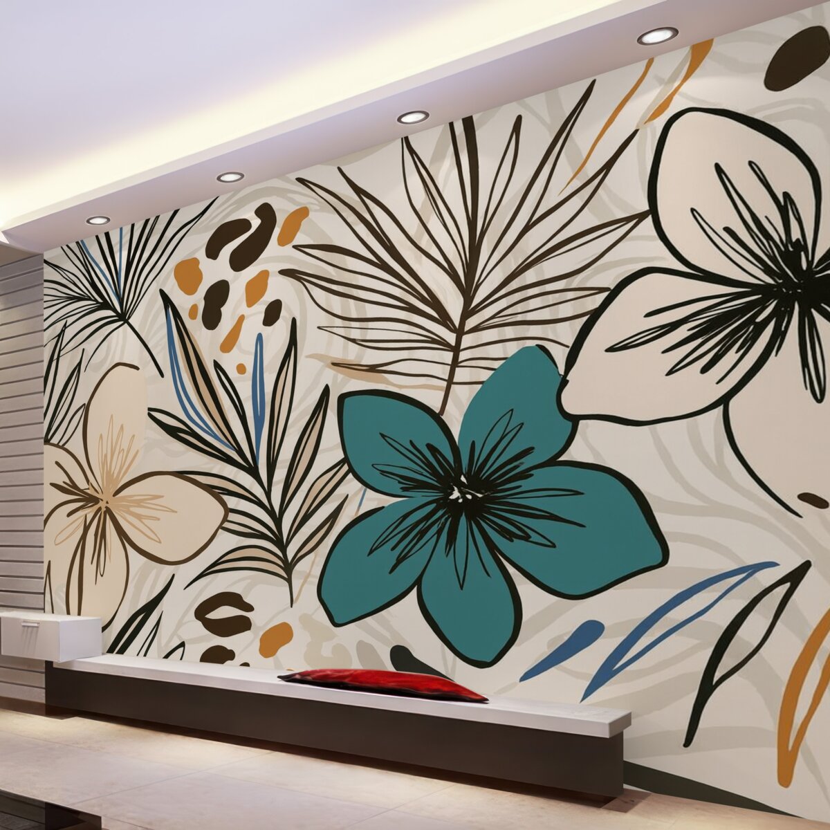 Fototapeta Nowoczesny abstrakcyjny wzór z tropikalnymi liśćmi palmowymi, błękitnymi i beżowymi kwiatami, ciemnymi liniami oraz jasnym tłem.