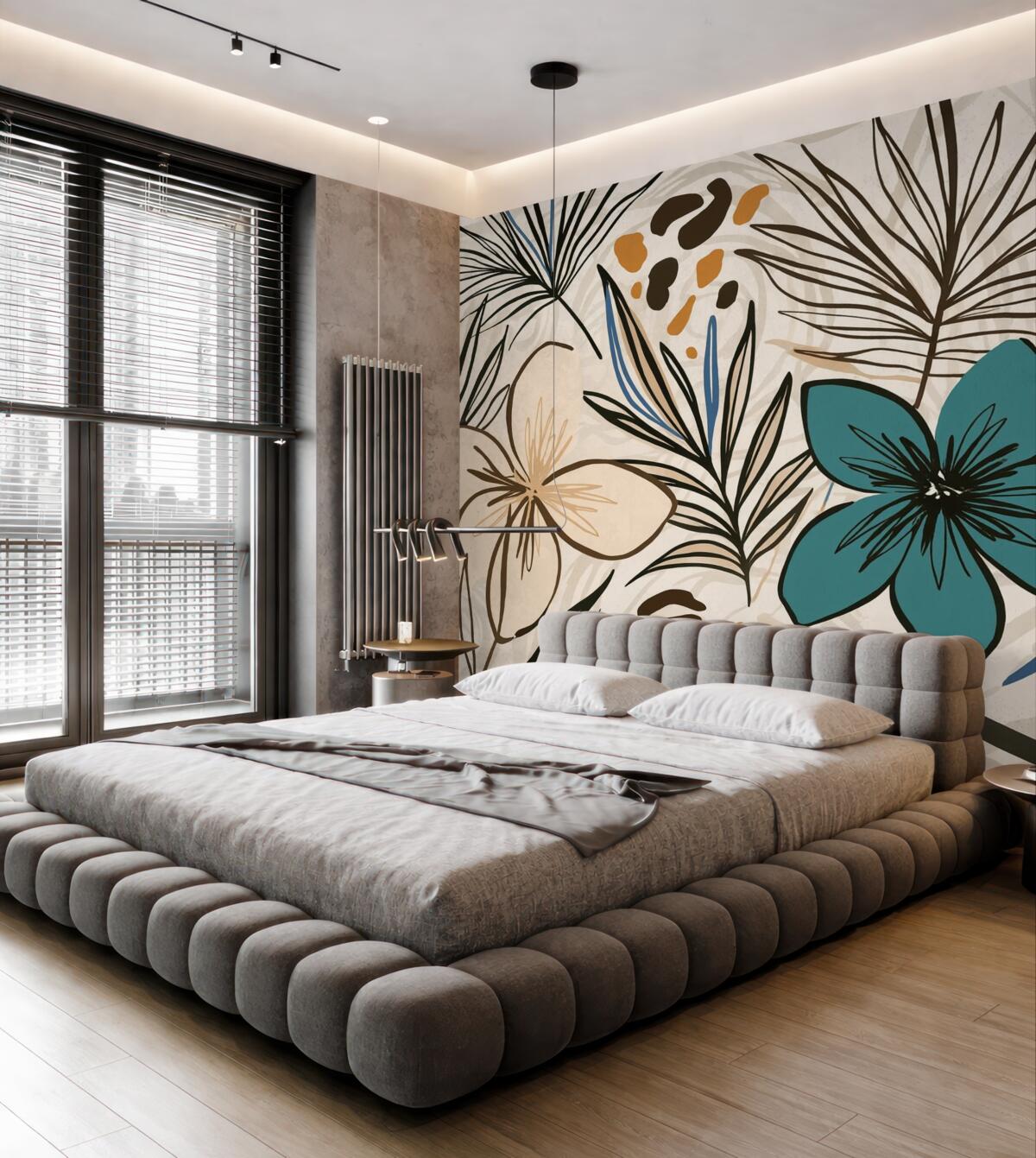 Fototapeta Nowoczesny abstrakcyjny wzór z tropikalnymi liśćmi palmowymi, błękitnymi i beżowymi kwiatami, ciemnymi liniami oraz jasnym tłem.