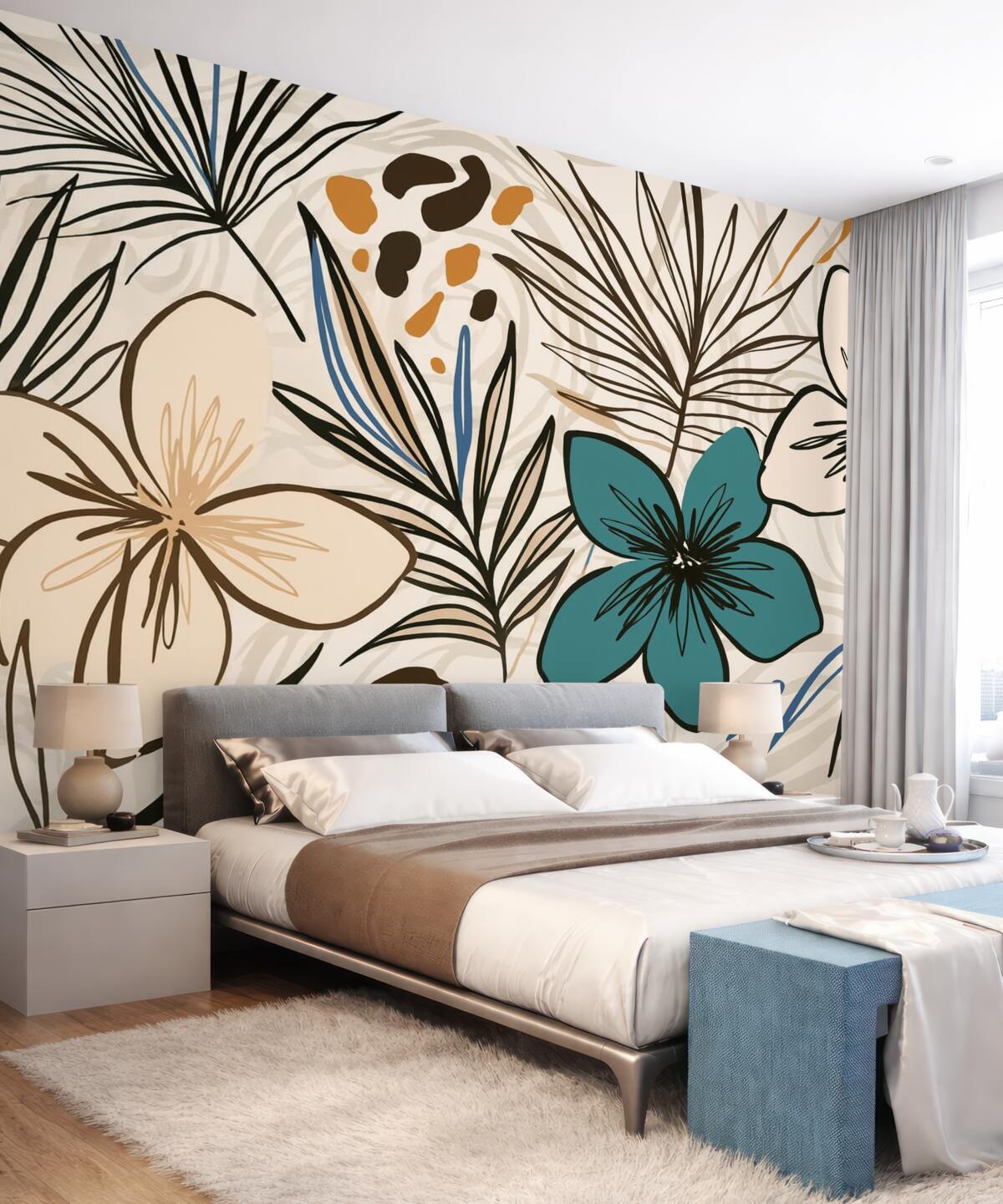 Fototapeta Nowoczesny abstrakcyjny wzór z tropikalnymi liśćmi palmowymi, błękitnymi i beżowymi kwiatami, ciemnymi liniami oraz jasnym tłem.