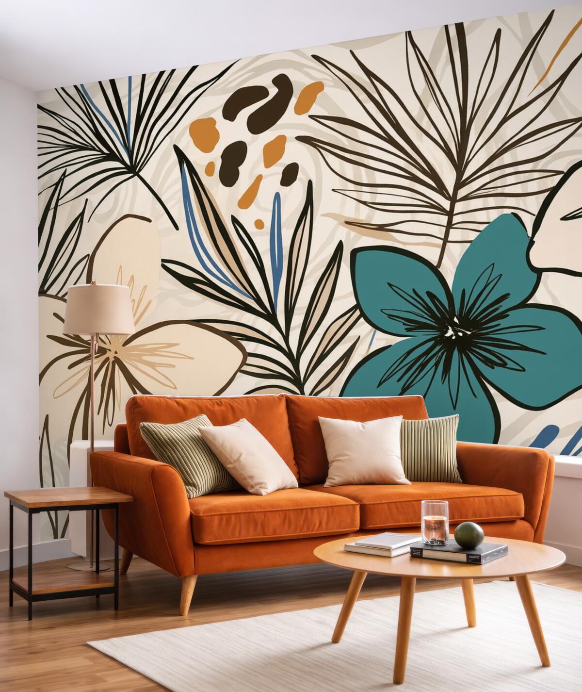 Fototapeta Nowoczesny abstrakcyjny wzór z tropikalnymi liśćmi palmowymi, błękitnymi i beżowymi kwiatami, ciemnymi liniami oraz jasnym tłem.