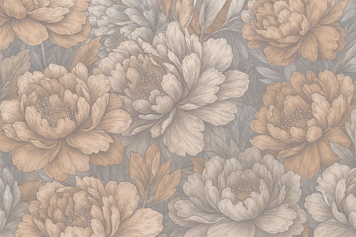 Fototapeta Kwiaty piwonii z dokładnymi płatkami i pręcikami, subtelne pastelowe odcienie, styl ilustracji botanicznej retro.